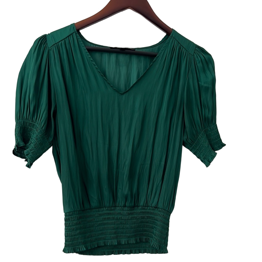 Catherine Malandrino Green Pleated Puff Sleeve Blouse